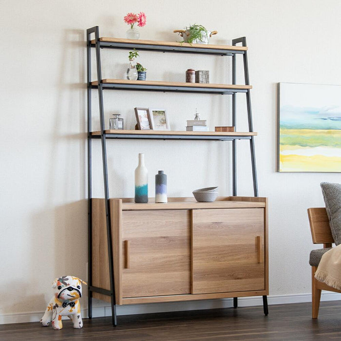 シェルフ 幅100cm ハイタイプ オーク調 スチール脚 収納 棚4段