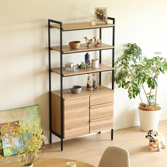 シェルフ 幅83cm ハイタイプ オーク調 スチール脚 収納 棚4段