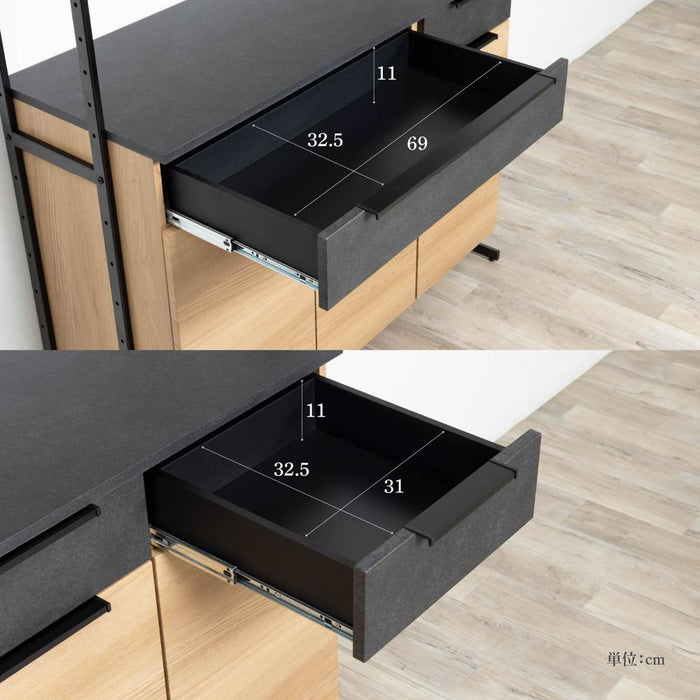 キッチンボード 幅120cm 木目調 スチール脚 背面化粧 塩ビシート