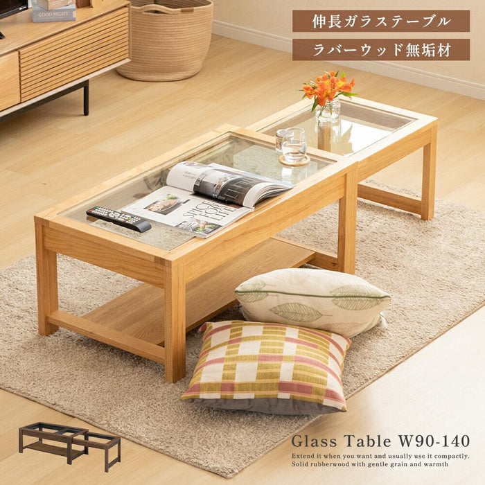 ローテーブル 90cm 140cm ガラス センターテーブル 伸長式 北欧 ラバーウッド材