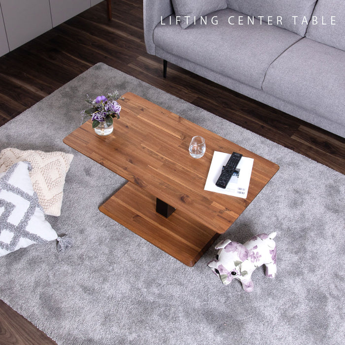 ローテーブル 幅90cm 昇降 無段階 アカシア 無垢材 スチール脚 カフェ