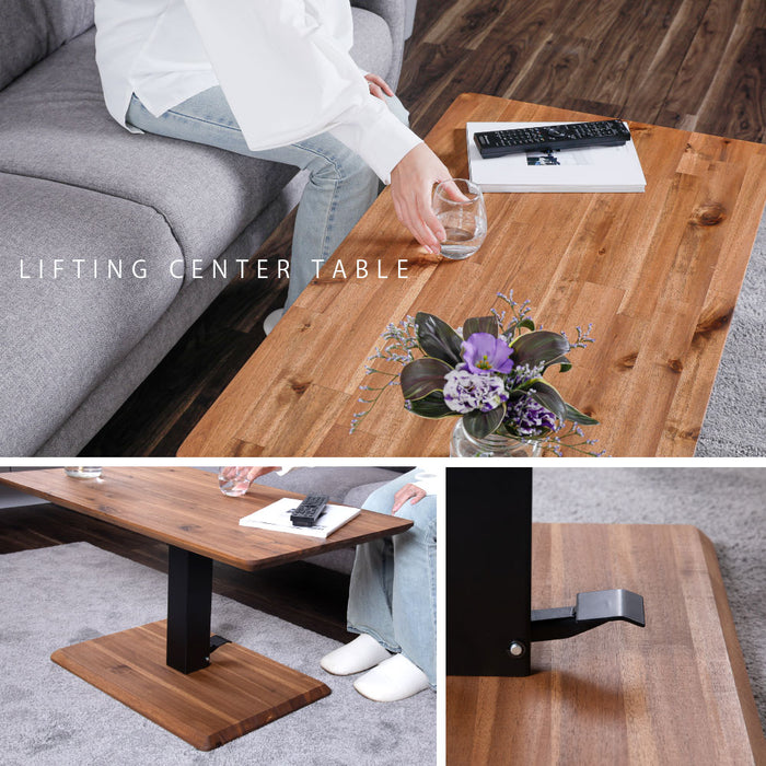 ローテーブル 幅90cm 昇降 無段階 アカシア 無垢材 スチール脚 カフェ