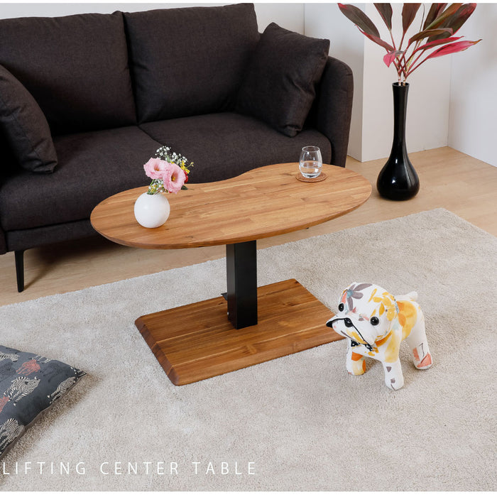 ローテーブル 幅90cm 昇降 無段階 ビーンズ アカシア 無垢材 スチール脚 カフェ