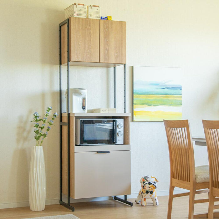 キッチンボード 60cm幅 オープンボード 幅60 おしゃれ コンパクト 北欧 レンジボード 木目 レンジ台 スチール 高さ182 コンセント スライドカウンター 引出し 開き扉 可動棚 キッチン収納 ベージュ オーク 背面化粧仕上げ