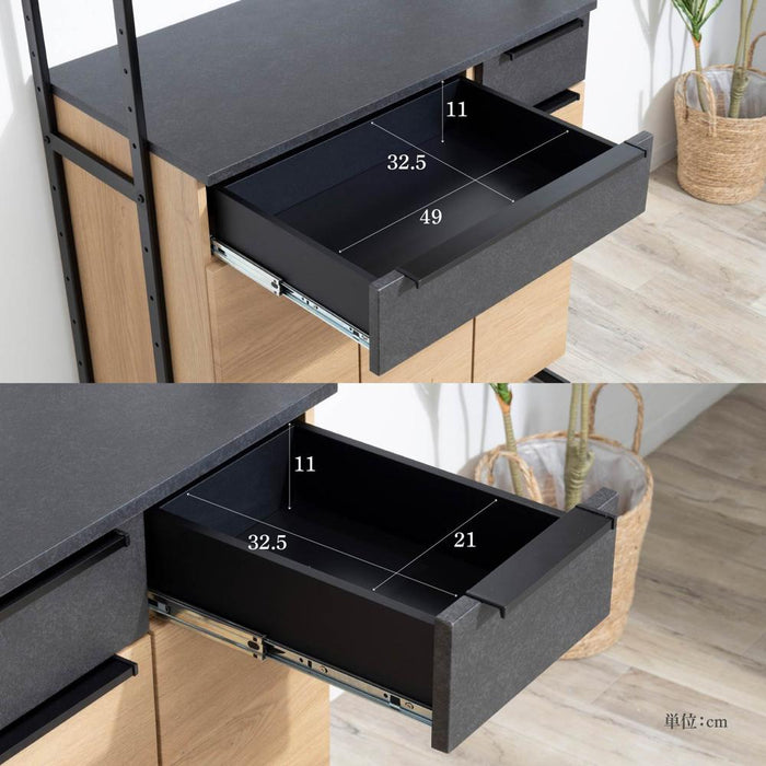 キッチンボード 90cm オープンボード 幅90 コンパクト 北欧 木目 アイアン 脚 高さ182 フルオープン 引出し 開き扉 可動棚 キッチン収納 オーク調 ベージュ ウォールナット調 ブラウン 背面化粧仕上げ