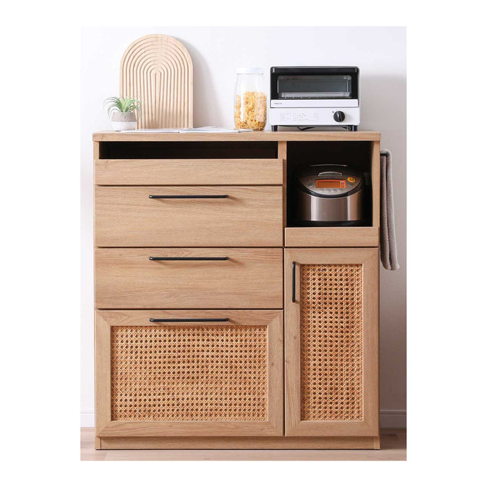 キッチンカウンター 幅90cm ラタン オーク調 可動棚 収納 アジアン