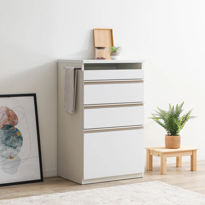 キッチンカウンター 幅60cm 完成品 レンジ台 ハイグロス 可動棚 収納 ホワイト 背面化粧