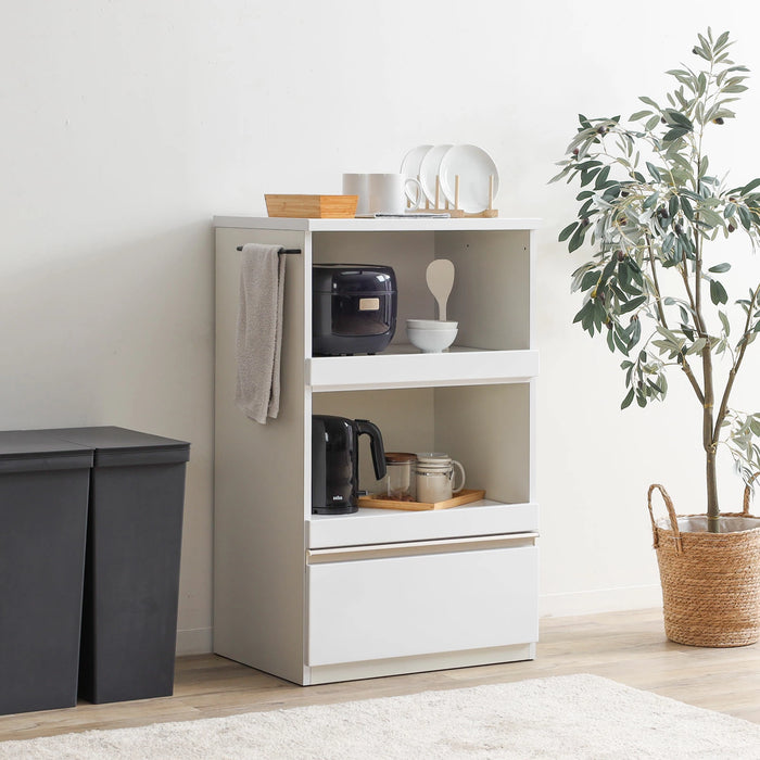 キッチンカウンター 幅60cm 完成品 レンジ台 ハイグロス 可動棚 収納 ホワイト 背面化粧