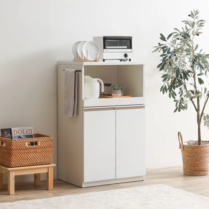 キッチンカウンター 幅60cm 完成品 レンジ台 ハイグロス 可動棚 収納 ホワイト 背面化粧