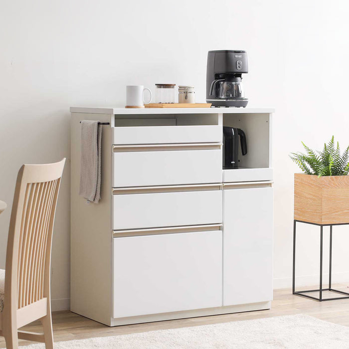 キッチンカウンター 幅90cm 完成品 ハイグロス コンセント 可動棚 収納 ホワイト 背面化粧