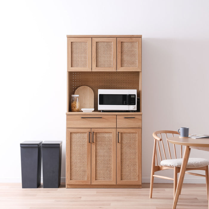 キッチンボード 幅90cm レンジ台 ラタン オーク調 ハイタイプ アジアン