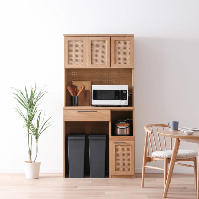 キッチンボード 幅90cm レンジ台 ラタン オーク調 ハイタイプ アジアン