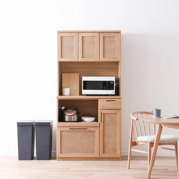 キッチンボード 幅90cm レンジ台 ラタン オーク調 ハイタイプ アジアン