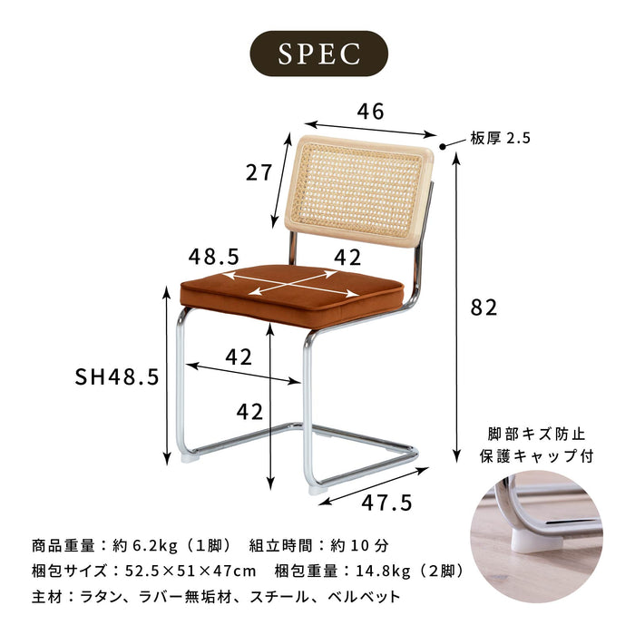 ダイニングチェア 幅46cm 2脚セット ラタン 無垢材 スチール脚 ベルベット モダン