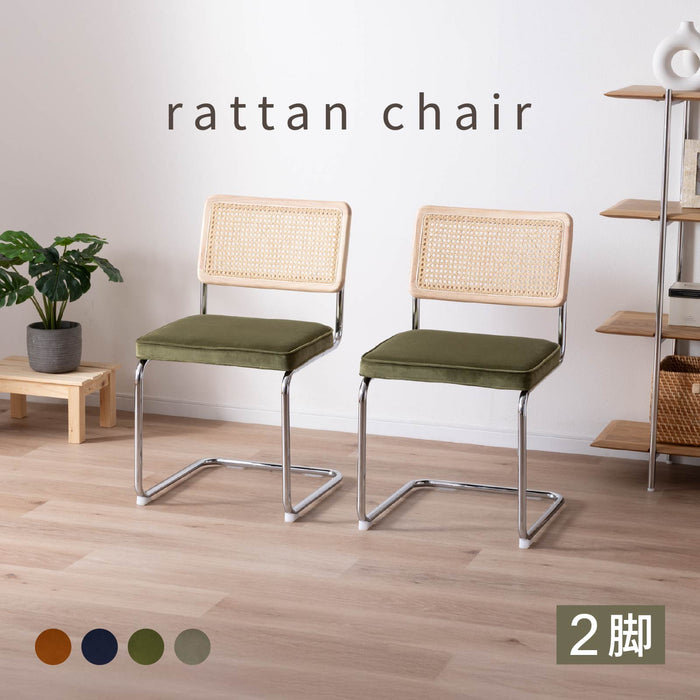 ダイニングチェア 幅46cm 2脚セット ラタン 無垢材 スチール脚 ベルベット モダン