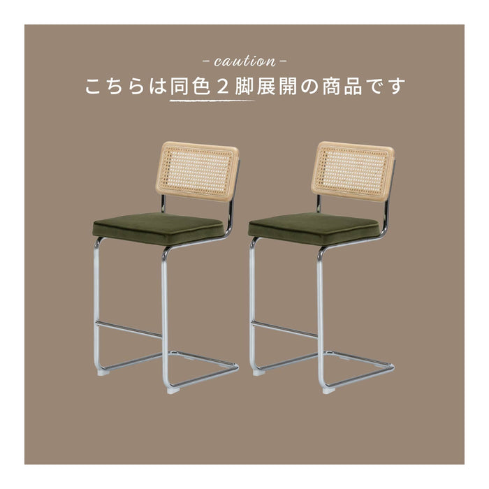 カウンターチェア 幅46cm 2脚セット ラタン 無垢材 スチール脚 ハイスツール カウンター ベルベット