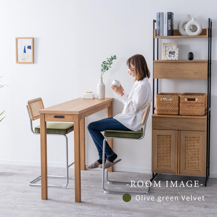 カウンターチェア 幅46cm 2脚セット ラタン 無垢材 スチール脚 ハイスツール カウンター ベルベット