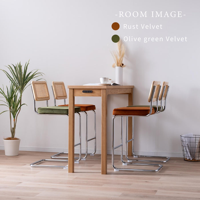 カウンターチェア 幅46cm 2脚セット ラタン 無垢材 スチール脚 ハイスツール カウンター ベルベット