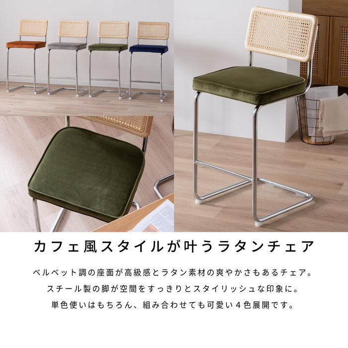 カウンターチェア 幅46cm 2脚セット ラタン 無垢材 スチール脚 ハイスツール カウンター ベルベット