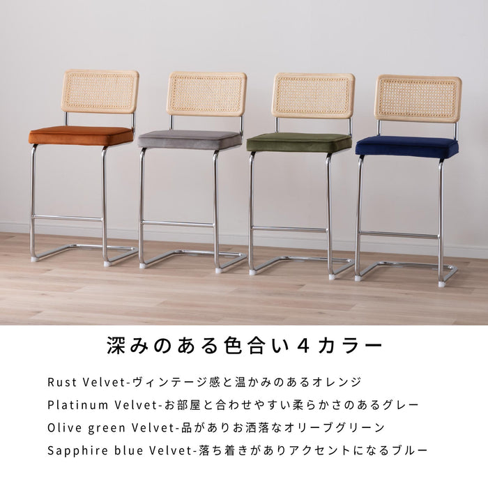 カウンターチェア 幅46cm 2脚セット ラタン 無垢材 スチール脚 ハイスツール カウンター ベルベット