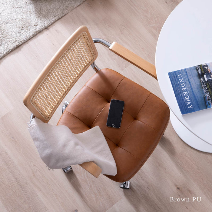 回転チェア 幅58.5cm 昇降 デスクチェア ラタン 肘付き オフィス PVC キャスター 一人暮らし