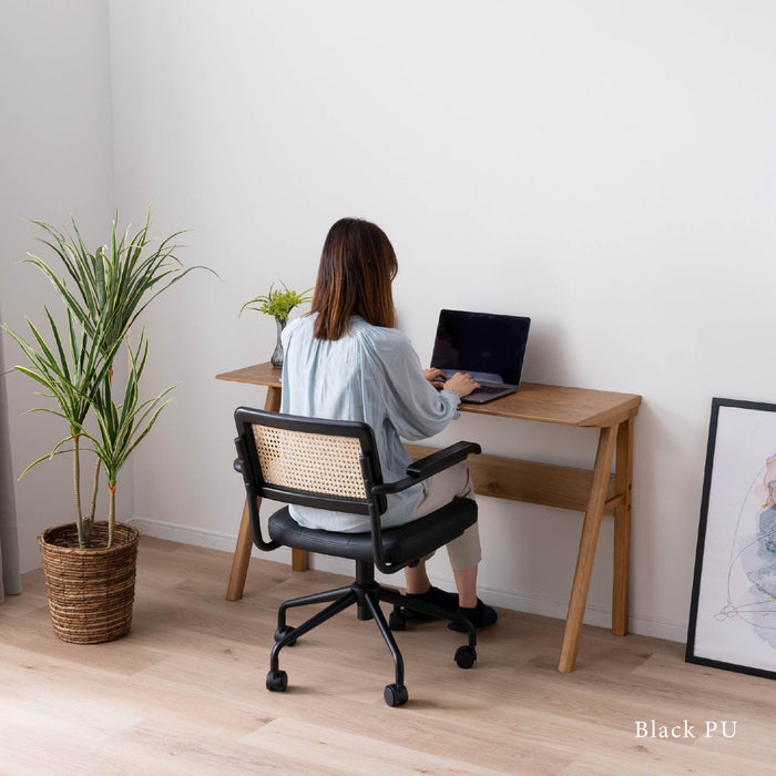 回転チェア 幅58.5cm 昇降 デスクチェア ラタン 肘付き オフィス PVC キャスター 一人暮らし