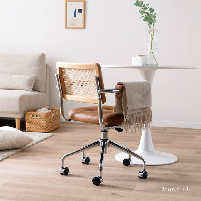 回転チェア 幅58.5cm 昇降 デスクチェア ラタン 肘付き オフィス PVC キャスター 一人暮らし