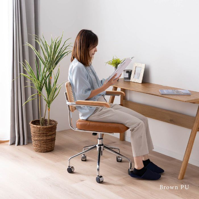 回転チェア 幅58.5cm 昇降 デスクチェア ラタン 肘付き オフィス PVC キャスター 一人暮らし