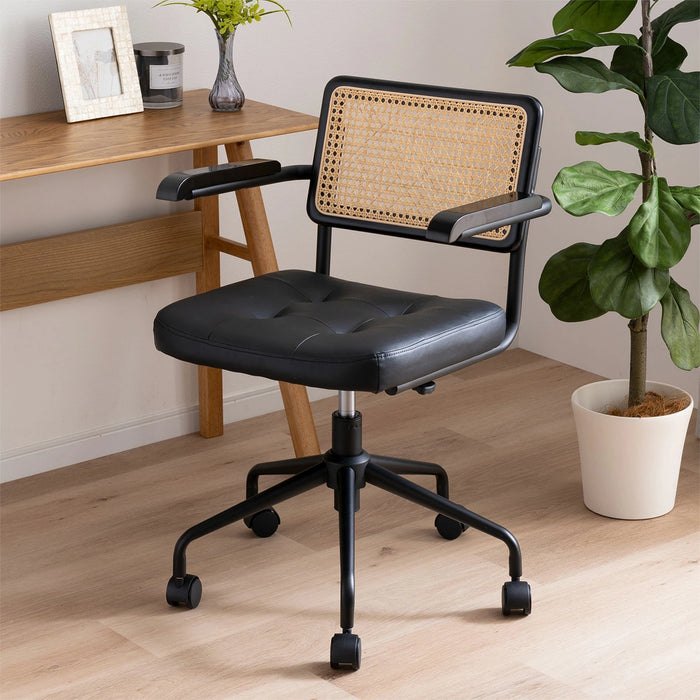 回転チェア 幅58.5cm 昇降 デスクチェア ラタン 肘付き オフィス PVC キャスター 一人暮らし