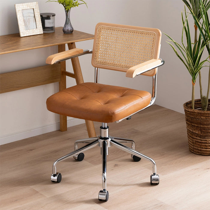 回転チェア 幅58.5cm 昇降 デスクチェア ラタン 肘付き オフィス PVC キャスター 一人暮らし