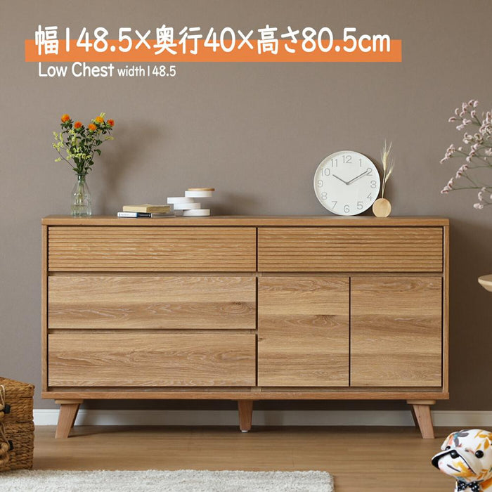 ローチェスト 完成品 幅 150 cm 大容量 洋服 収納 チェスト ロータイプ 引き出し タンス 北欧 ナチュラル ホワイトオーク ラバー材 木目 強化シート ウレタン塗装 衣類収納 シンプル 新生活 押し入れ フルオープンレール