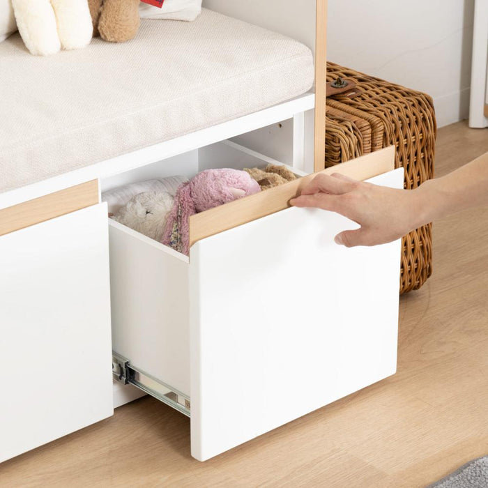 ベンチ 収納 木製 キッズ 完成品 おしゃれ ローチェスト クッション 北欧 ホワイト座れる おもちゃ箱 リビング ダイニング シンプル コンパクト 引き出し クッション 幅110