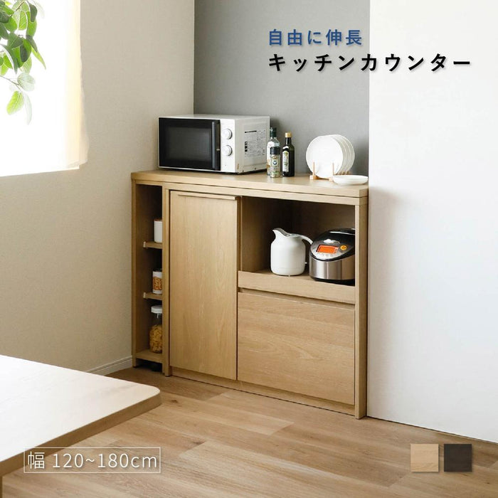 キッチンカウンター 伸長式 本体完成品 幅120 180 伸長カウンター コーナー 収納 棚 木製 おしゃれ 収納棚 扉付き 可動棚 コンセント スライド棚 引き出し オーク 突板 本体完成品 バーカウンター 間仕切り ravi
