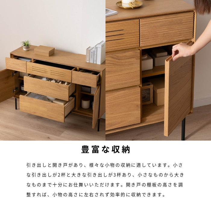 サイドボード リビングボード 幅 120 cm 本体完成品 アイアン脚 アジャスター付 棚 キャビネット オーク 突板 フルオープン 引き出し コードスリット 切り欠き ベージュ ブラウン 木製 収納 背面化粧 赤外線リモコン対応 テレビボード