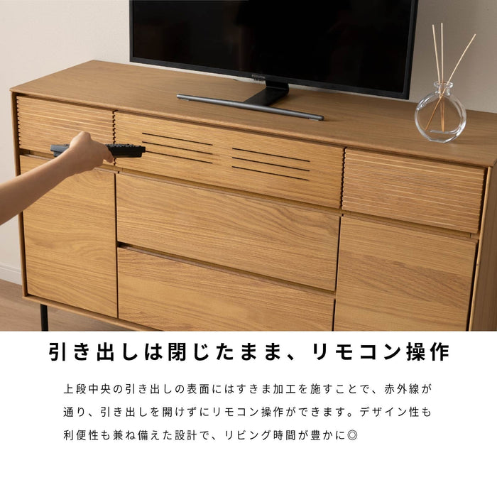サイドボード リビングボード 幅 120 cm 本体完成品 アイアン脚 アジャスター付 棚 キャビネット オーク 突板 フルオープン 引き出し コードスリット 切り欠き ベージュ ブラウン 木製 収納 背面化粧 赤外線リモコン対応 テレビボード