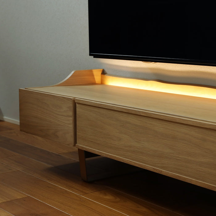 テレビボード 幅 180 テレビ台 ローボード オーク 無垢材 天然木 ベージュ ステンレス脚 LED 照明 ライト付き TV台 TVボード おしゃれ モダン ソフトダウン 引出し リモコン操作 リビング 収納 高級 ナチュラル AV機器収納 フラップ扉 安全 脚付き スクエア脚
