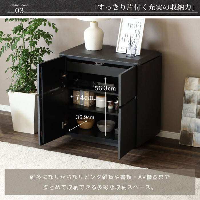 サイドボード 幅80 奥行43 高さ80 チェスト 収納 スリム コンパクト 可動棚 リビング ベッド横 おしゃれ シンプル ストーン セラミック調 グレー ダーク 石目柄 黒 クール 新生活 スタイリッシュ フルオープンレール リビング 送料無料
