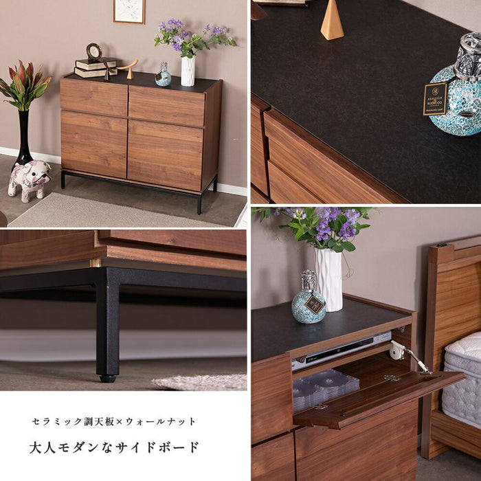 サイドボード リビングボード 100幅 収納 可動棚 金属フレーム モダン 高級感 おしゃれ 組み立て（工具入り） セラミック柄天板 無垢突板 ウォールナット材 ウレタン塗装 新生活 送料無料