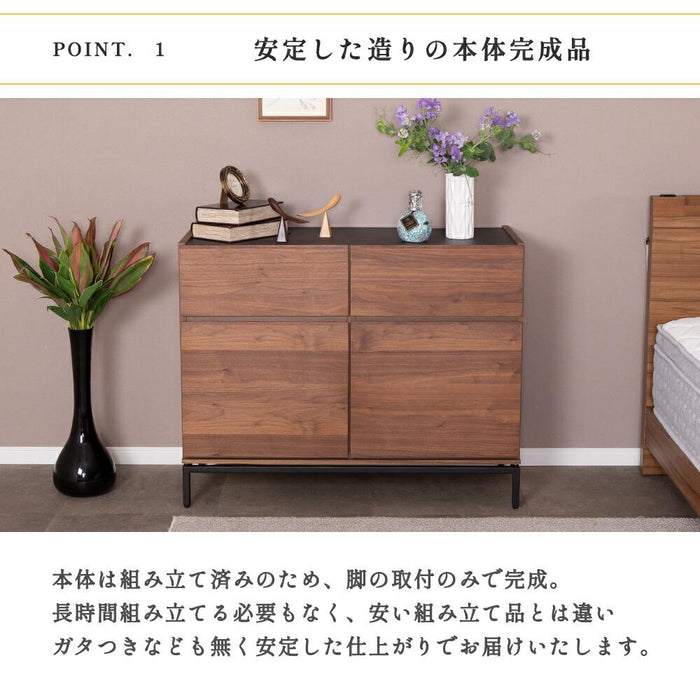 サイドボード リビングボード 100幅 収納 可動棚 金属フレーム モダン 高級感 おしゃれ 組み立て（工具入り） セラミック柄天板 無垢突板 ウォールナット材 ウレタン塗装 新生活 送料無料