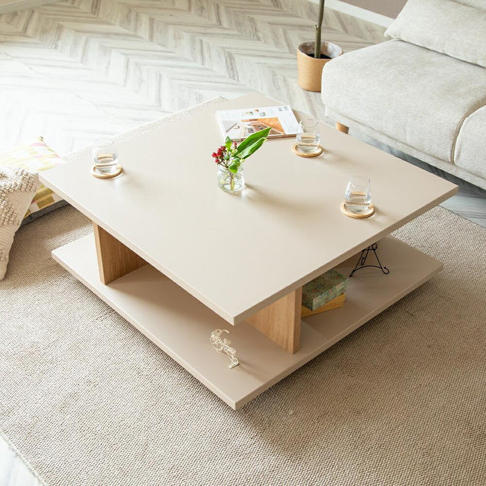 リビングテーブル センターテーブル ローテーブル 90 完成品 TAUPE トープ くすみ グレー ベージュ 90cm 収納付き 幅90cm 正方形 オーク ウォールナット 木製 収納  モダン デザイン棚 高級感 スクエア